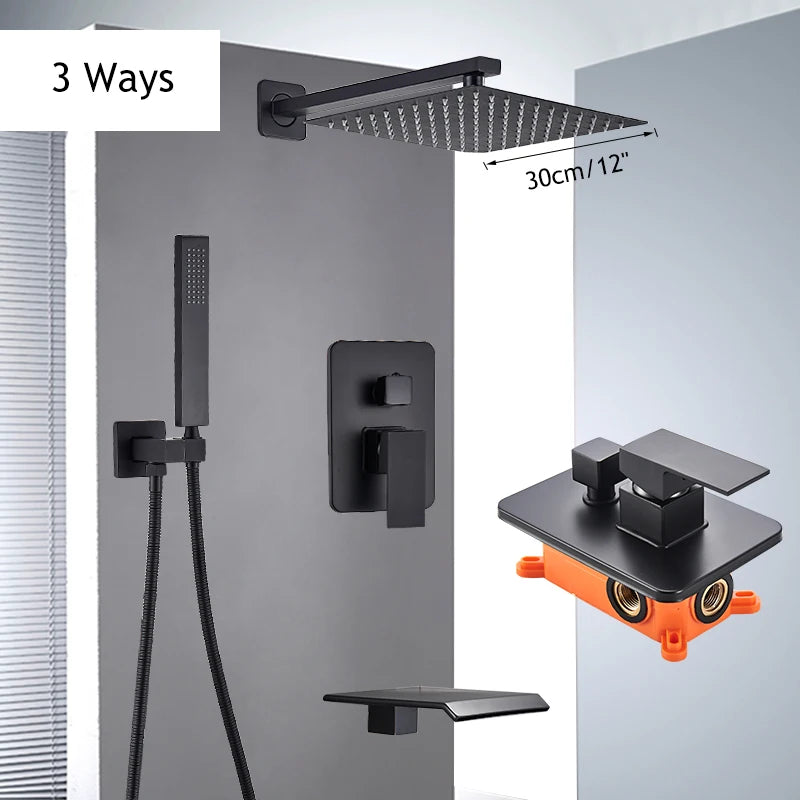 Matte Black Shower Faucet Set Rain Brass Shower Head Shower Faucet Embed Box Bathroom Hot Cold 2/3 Ways Tap Bathroom Faucet