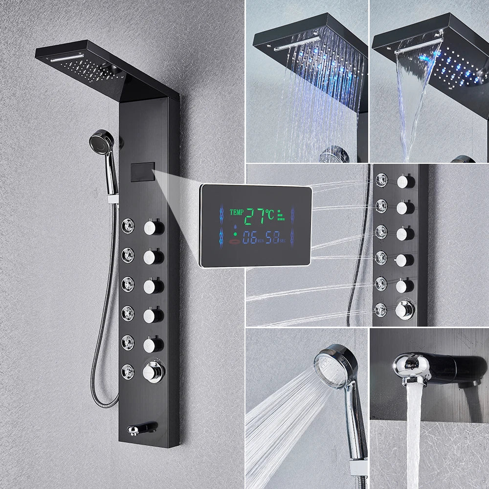 Black Bathroom Shower Panel Column Golden Rain Waterfall Shower Faucet Bidet Sprayer Tap SPA Massage Jet LED Bath Shower Set