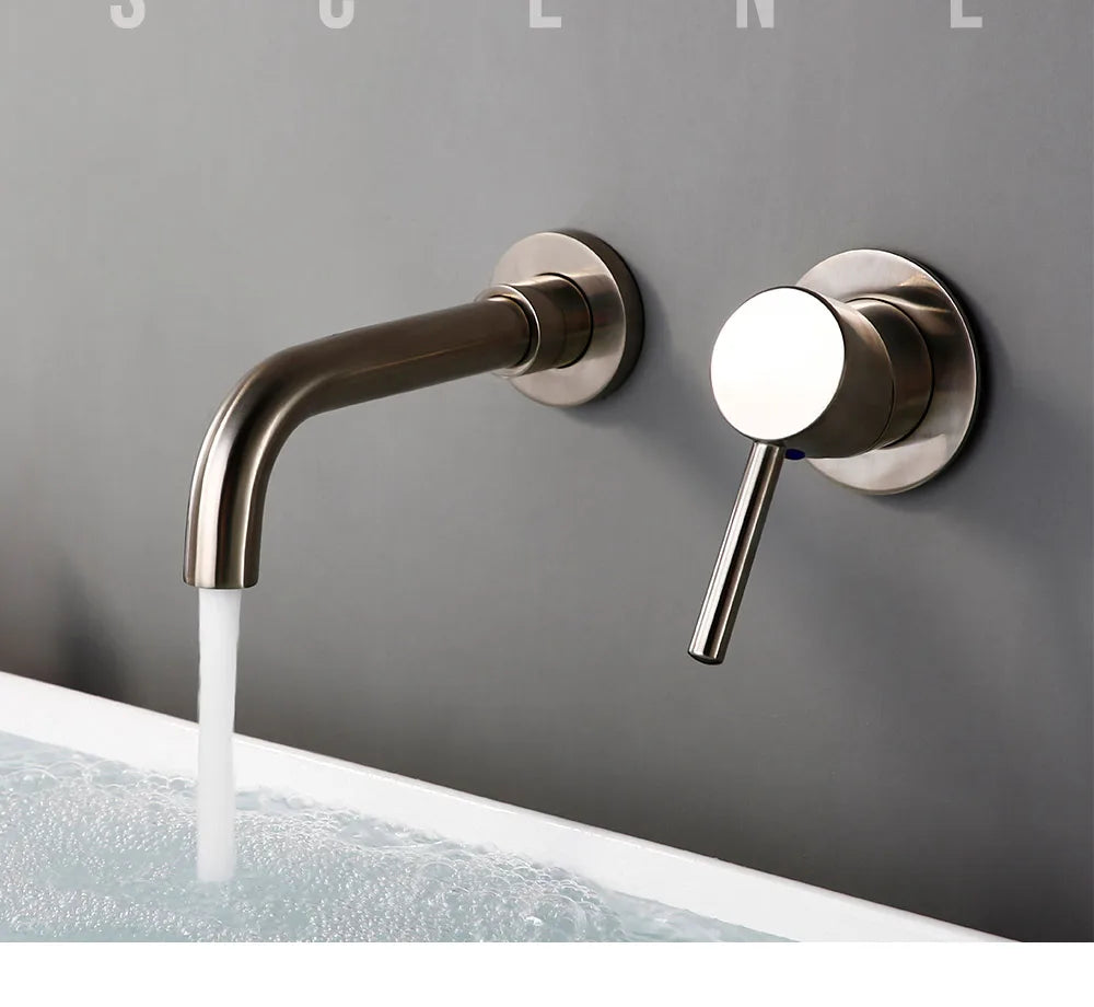 Bagnolux Ronda Stainless Steel Solid Brass Trim Taps 2 Hole Wall-Faucet Set Hot Anc Cold Water Bathroom Sink Mixer Small Tap