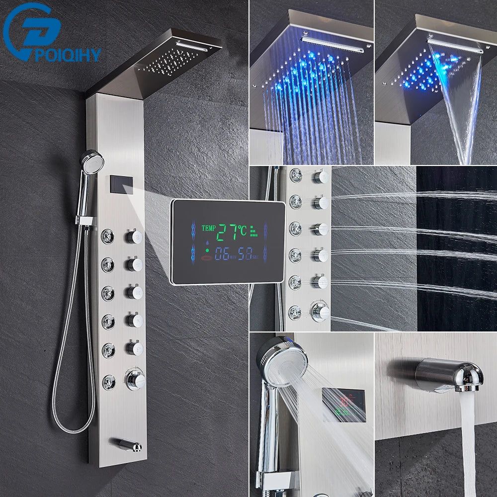 Black Bathroom Shower Panel Column Golden Rain Waterfall Shower Faucet Bidet Sprayer Tap SPA Massage Jet LED Bath Shower Set