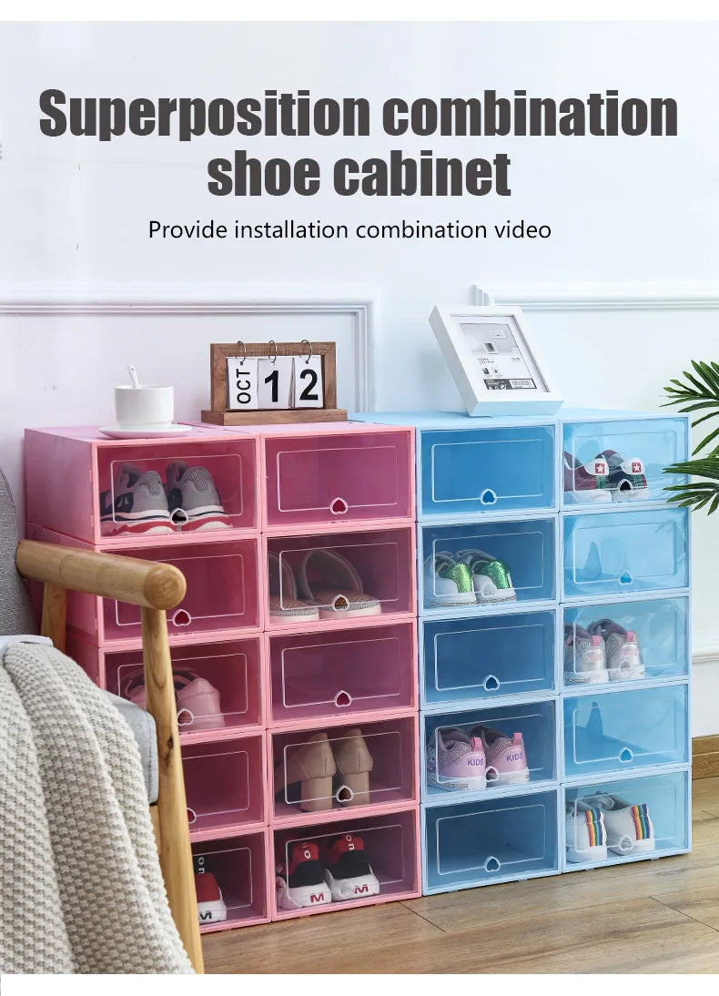 6Packs Transparent Shoe Box Shoes Organizers Plastic Thickened Foldable Dustproof Storage Box Stackable Combined Shoe Cabinet