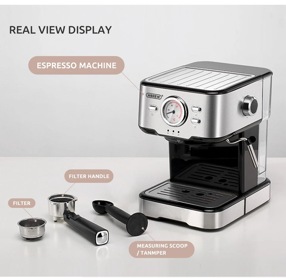 HiBREW Coffee Machine Cafetera 20 Bar Espresso inox Semi Automatic Expresso Cappuccino Hot Water Steam Temperature Display H5