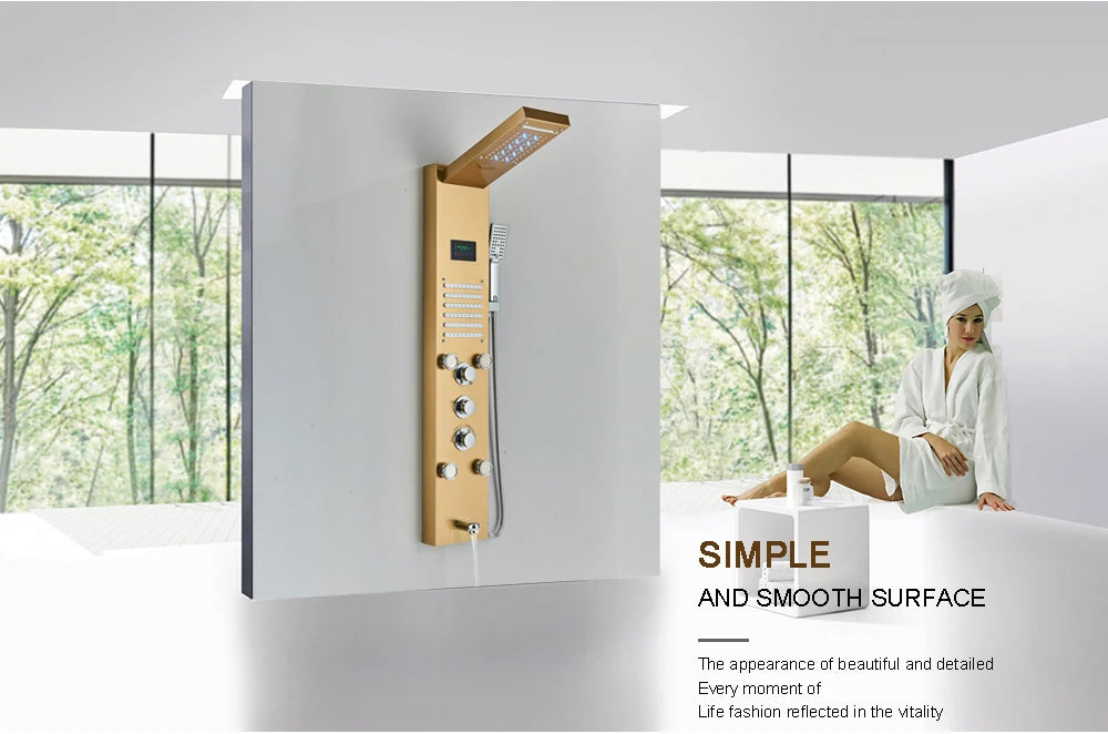 Black Bathroom Shower Panel Column Golden Rain Waterfall Shower Faucet Bidet Sprayer Tap SPA Massage Jet LED Bath Shower Set