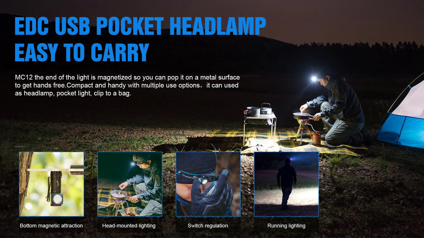 TrustFire MC12 EDC Powerful LED Headlamp 1000Lumens Magnetic Rechargeable Head Lamp XP-L HI Camping Torch Flashlight