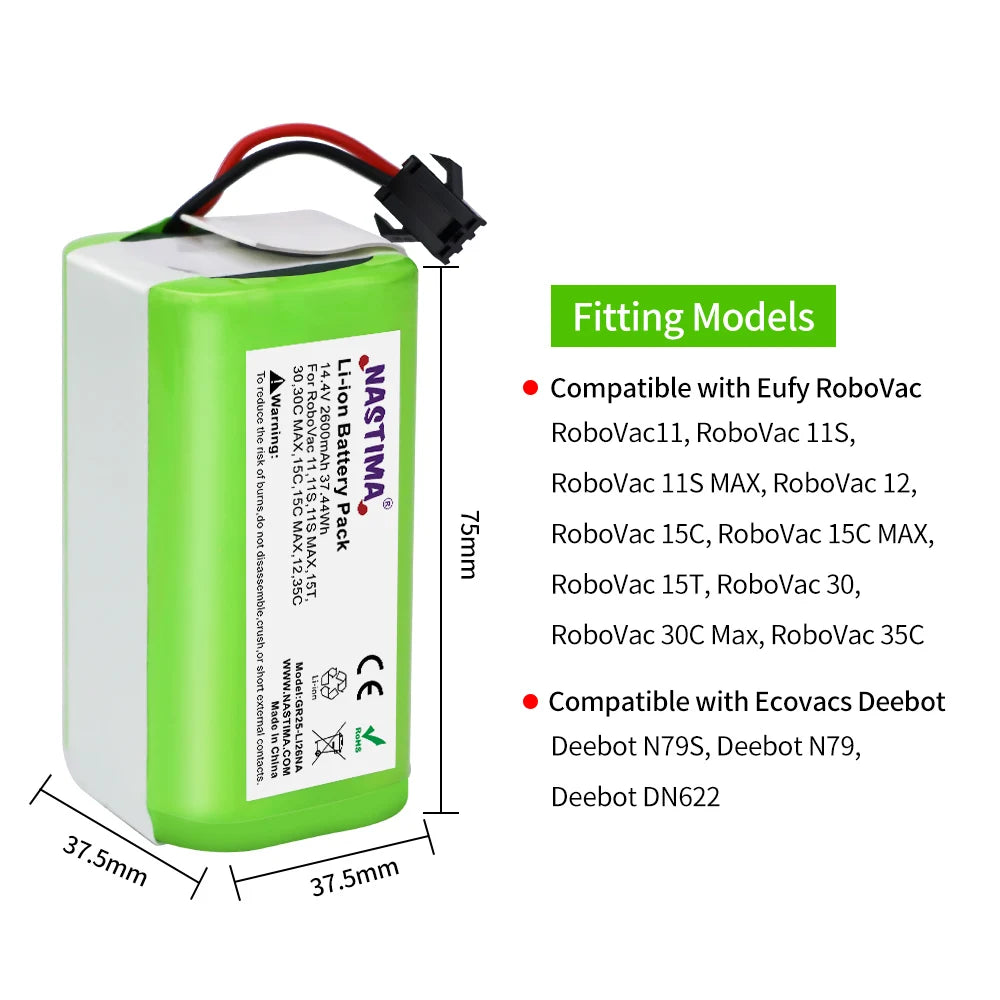 2 Pcs 14.4V 2600mAh Li-ion Replacement Battery for Conga Excellence 990 950 1090 1790 1990 Ecovacs Deebot N79 N79S Eufy RoboVac