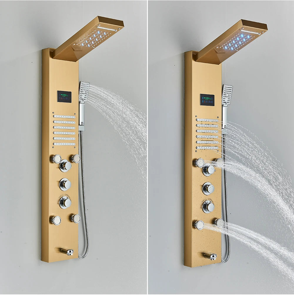 Black Bathroom Shower Panel Column Golden Rain Waterfall Shower Faucet Bidet Sprayer Tap SPA Massage Jet LED Bath Shower Set