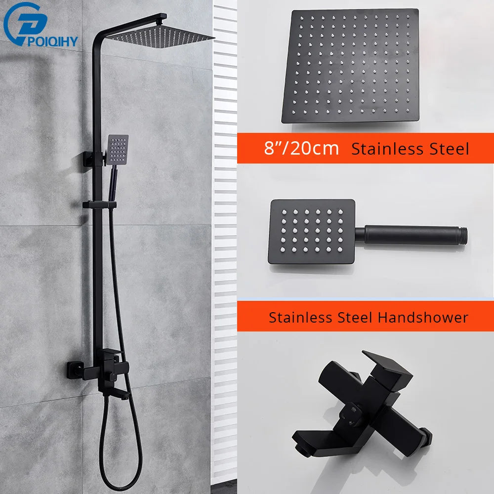 POIQIHY Black Bathroom Shower Faucet Set Wall Mount Black 8''Rainfall Shower Head With Handheld Sprayer Bathtub Shower Mixer