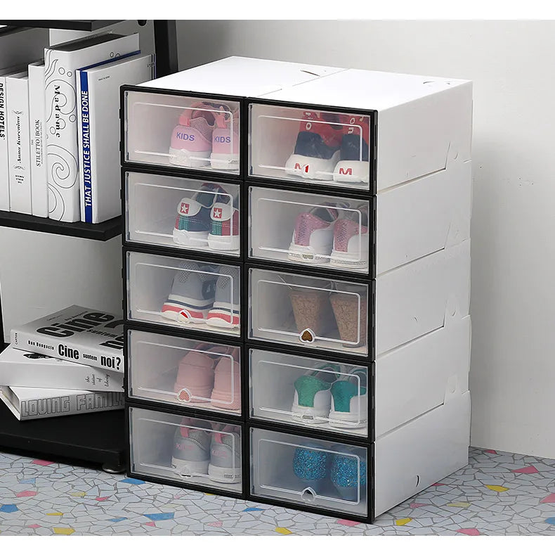 6Packs Transparent Shoe Box Shoes Organizers Plastic Thickened Foldable Dustproof Storage Box Stackable Combined Shoe Cabinet