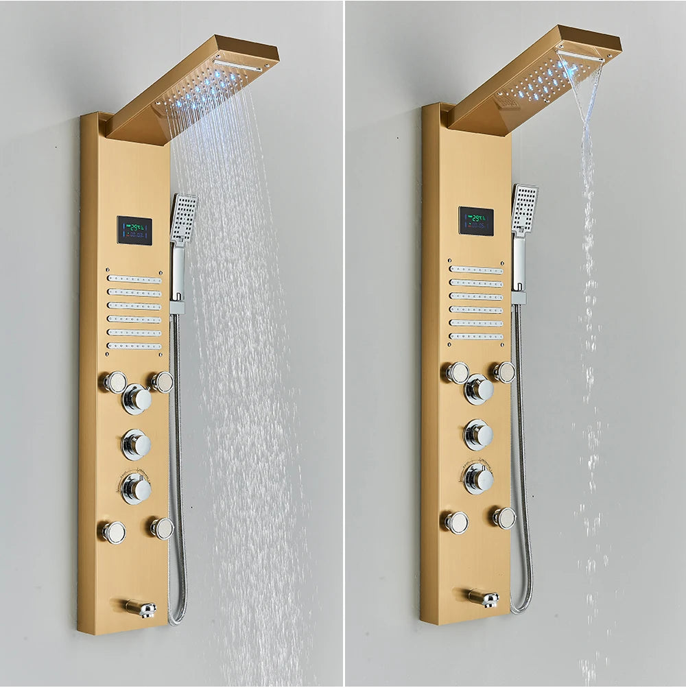 Black Bathroom Shower Panel Column Golden Rain Waterfall Shower Faucet Bidet Sprayer Tap SPA Massage Jet LED Bath Shower Set