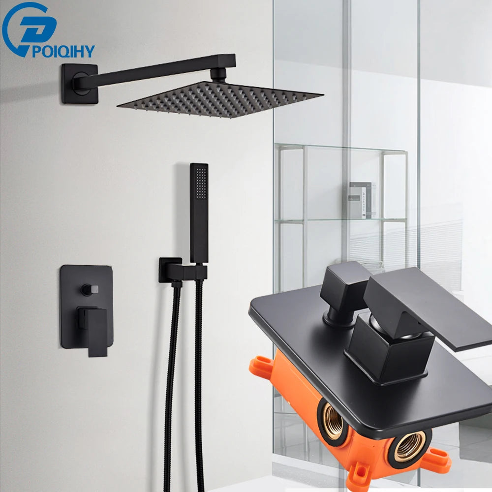 POIQIHY Embedded In Wall Shower Faucet Rainfall Stainless Steel 8/10/12/16" Shower Head Faucet Shower Tap Mixers Matte Black