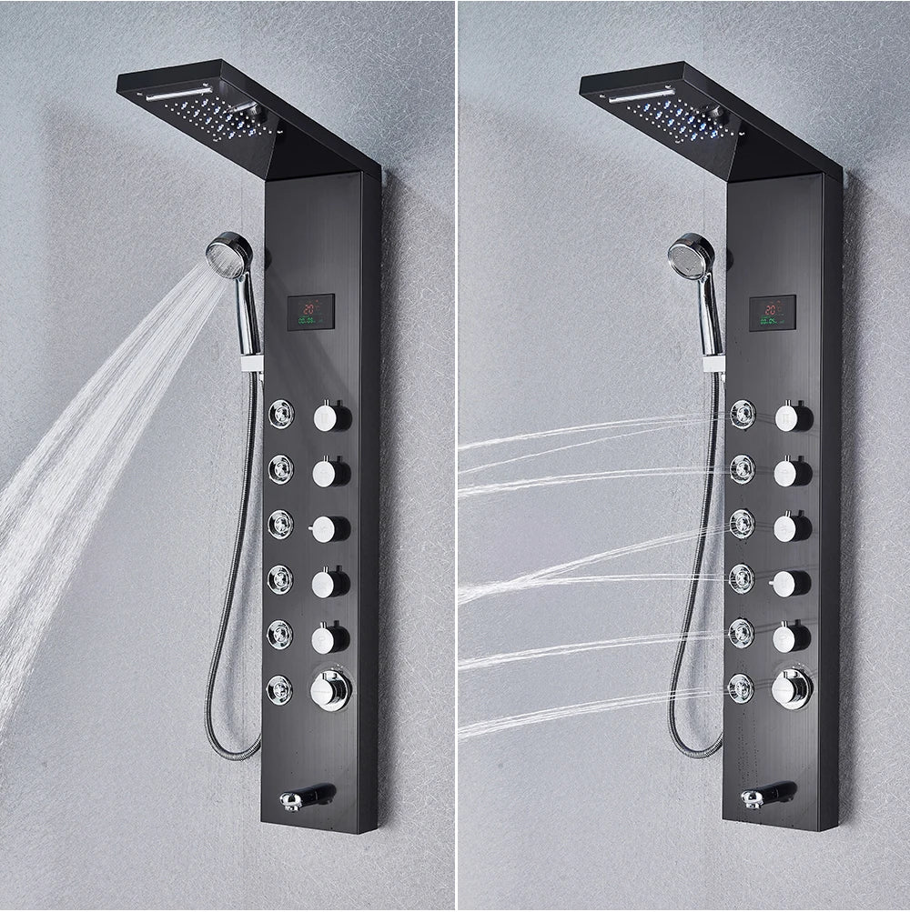 Black Bathroom Shower Panel Column Golden Rain Waterfall Shower Faucet Bidet Sprayer Tap SPA Massage Jet LED Bath Shower Set