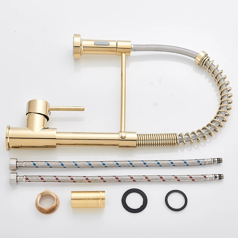 Golden Kitchen Faucet Pull Down Sprayer Nozzle Hot Cold Water Mixer Tap Single Handle Brass Para Kitchen Sink Taps Crane