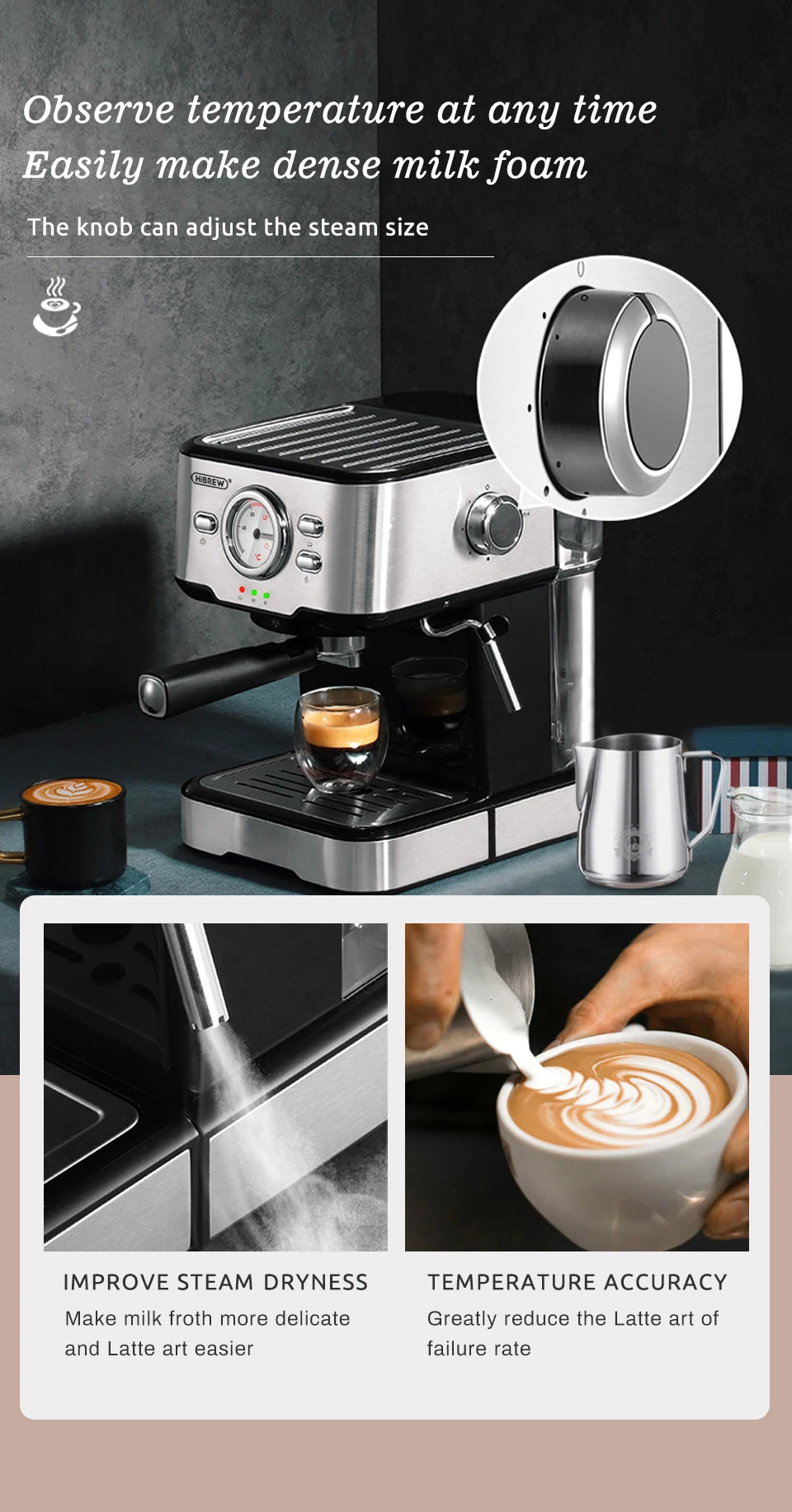 HiBREW Coffee Machine Cafetera 20 Bar Espresso inox Semi Automatic Expresso Cappuccino Hot Water Steam Temperature Display H5