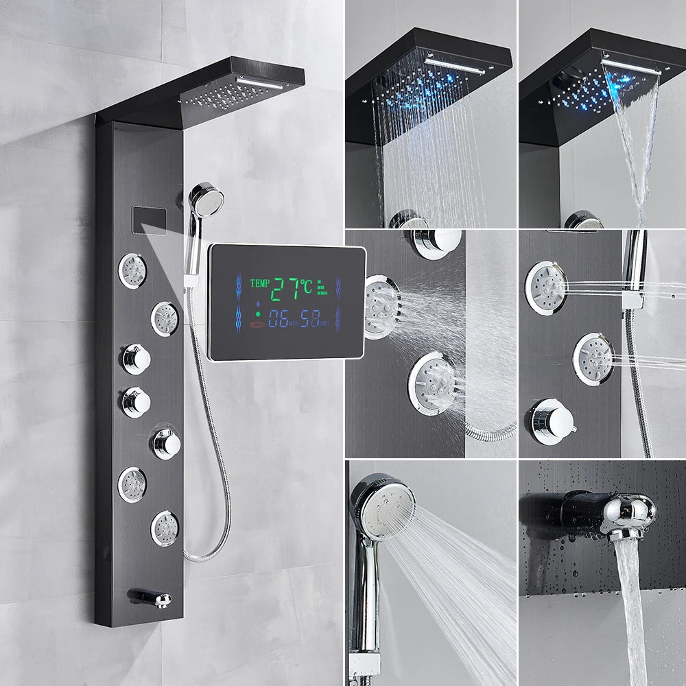 Black Bathroom Shower Panel Column Golden Rain Waterfall Shower Faucet Bidet Sprayer Tap SPA Massage Jet LED Bath Shower Set