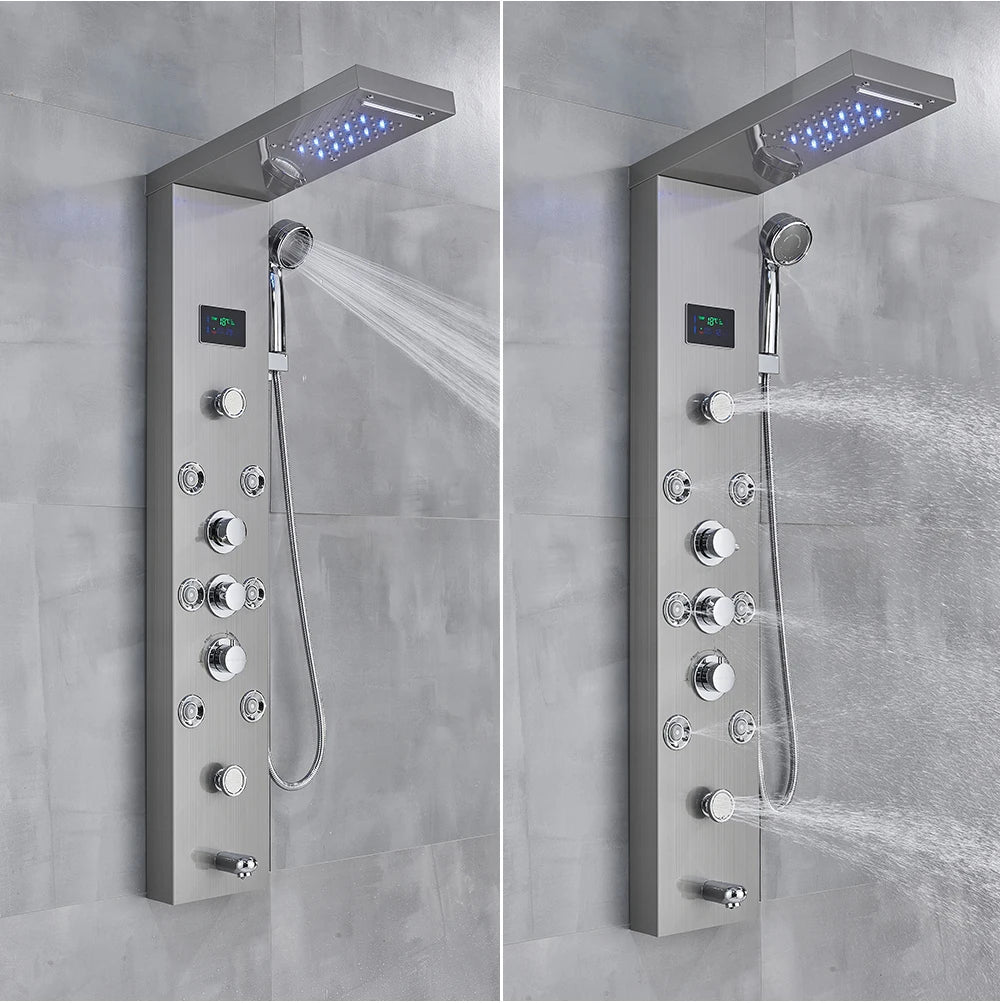 Black Bathroom Shower Panel Column Golden Rain Waterfall Shower Faucet Bidet Sprayer Tap SPA Massage Jet LED Bath Shower Set