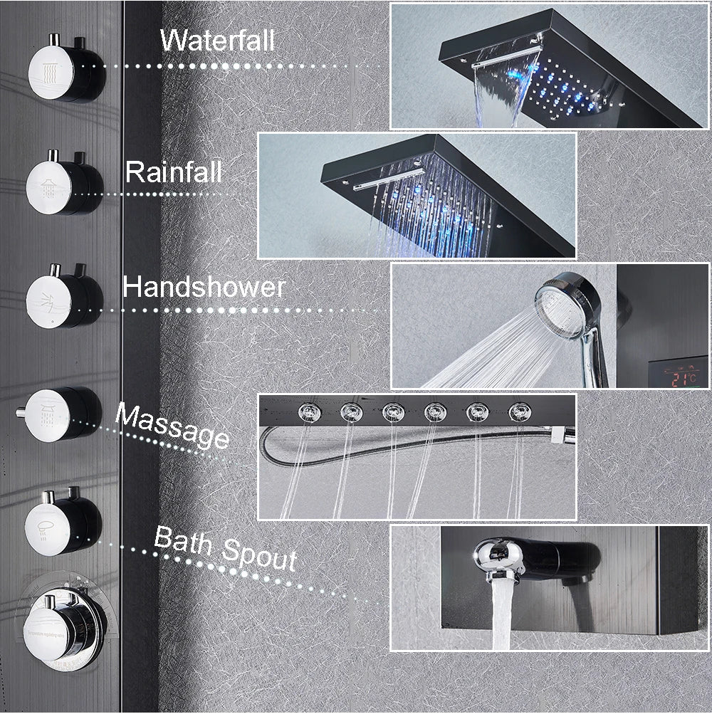 Black Bathroom Shower Panel Column Golden Rain Waterfall Shower Faucet Bidet Sprayer Tap SPA Massage Jet LED Bath Shower Set