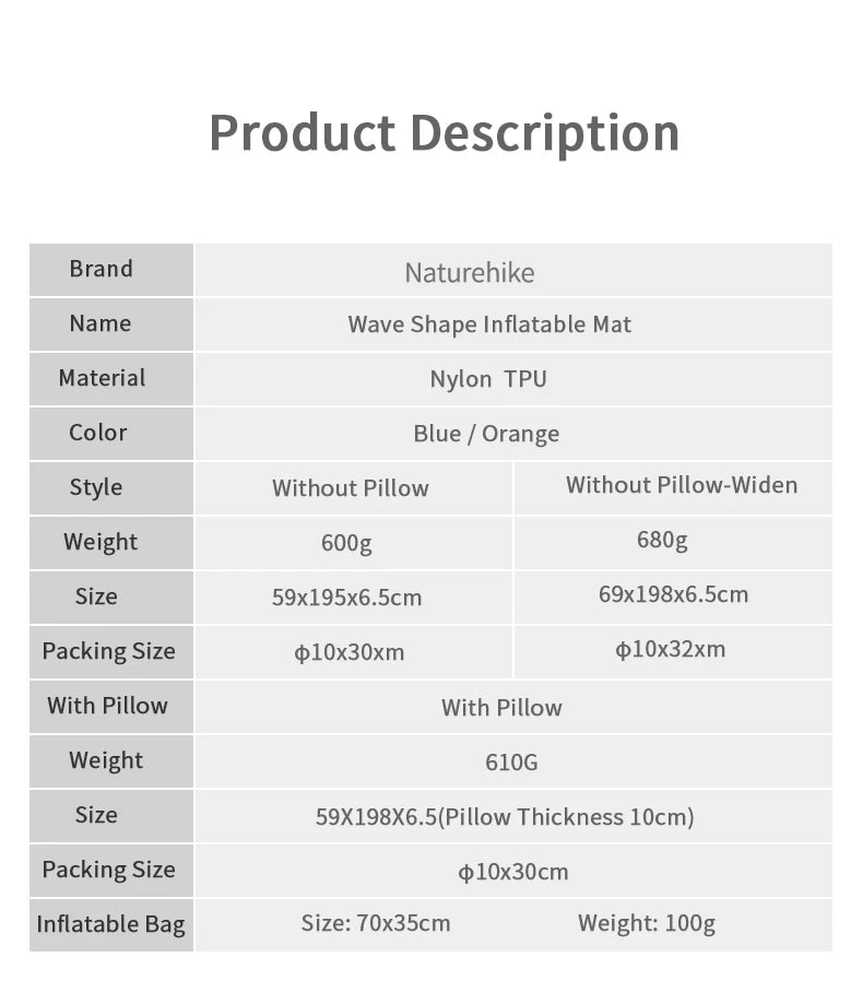 Naturehike Outdoor Camping Mat Ultralight Inflatable mattressTent Sleeping Pad Portable Hiking Air Mattress Picnic Pad Air Mat