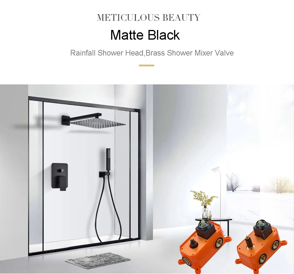 POIQIHY Embedded In Wall Shower Faucet Rainfall Stainless Steel 8/10/12/16" Shower Head Faucet Shower Tap Mixers Matte Black
