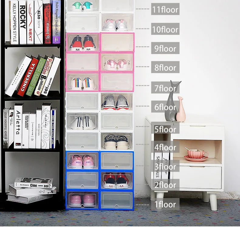 6Packs Transparent Shoe Box Shoes Organizers Plastic Thickened Foldable Dustproof Storage Box Stackable Combined Shoe Cabinet