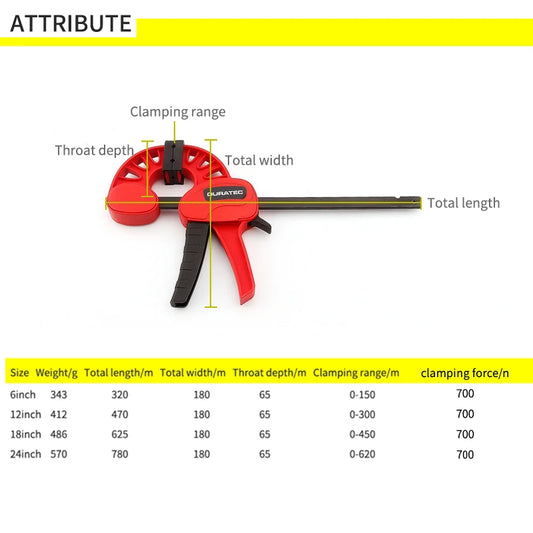 DURATEC New F style bar clamp wood working tools quick grip F clamp 4/6/12/18/24 inch plastic carpentry clamps quick release