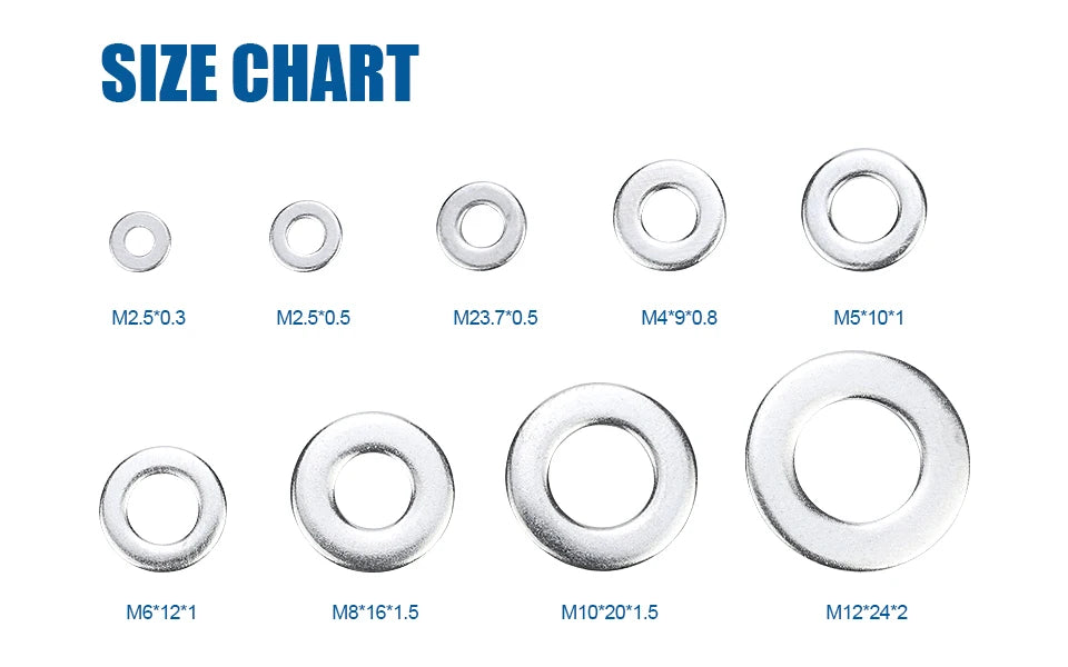 620/1010pcs Flat Washer Set Stainless Steel M2 M3 M4 M5 M6 M8 M10 M12 Ring Gasket Set Plain Washers Metal Washer Assortment Kit