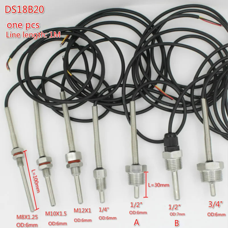 DS18B20 Digital Temperature Sensor G1/2" 1/4" 3/4" M10X1.5 M12X1 Thread  1m PVC 3-core Wire SUS304 Stainless Steel Shell