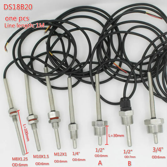 DS18B20 Digital Temperature Sensor G1/2" 1/4" 3/4" M10X1.5 M12X1 Thread  1m PVC 3-core Wire SUS304 Stainless Steel Shell