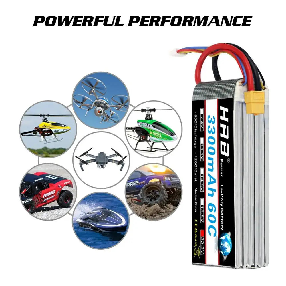 HRB Lipo Battery 3S 4S 6S 3300mAh 7.4V 11.1V 14.8V 18.5V 22.2V  60C 120C with EC5 XT60 connector For FPV Quadcopter Helicopter