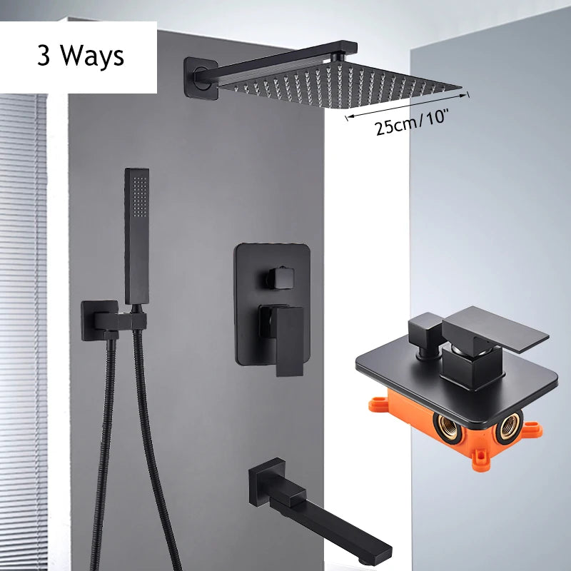 Matte Black Shower Faucet Set Rain Brass Shower Head Shower Faucet Embed Box Bathroom Hot Cold 2/3 Ways Tap Bathroom Faucet