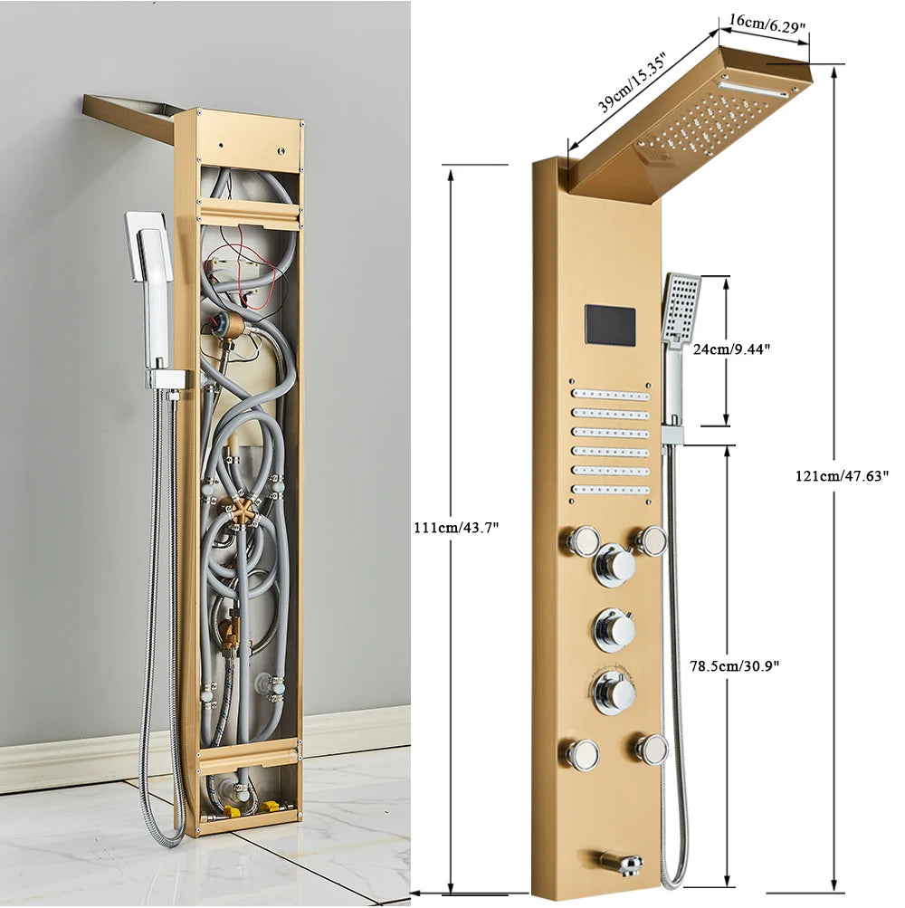 Black Bathroom Shower Panel Column Golden Rain Waterfall Shower Faucet Bidet Sprayer Tap SPA Massage Jet LED Bath Shower Set