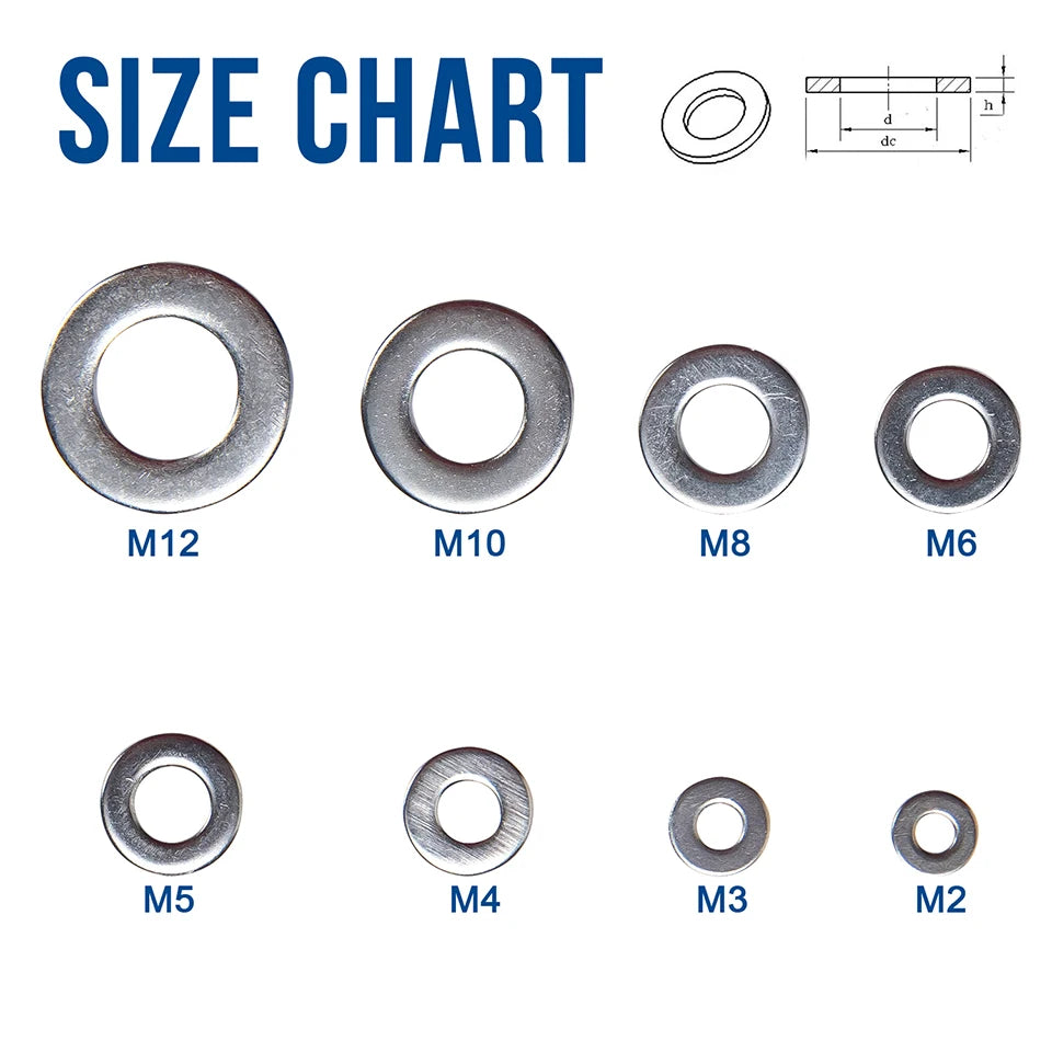 620/1010pcs Flat Washer Set Stainless Steel M2 M3 M4 M5 M6 M8 M10 M12 Ring Gasket Set Plain Washers Metal Washer Assortment Kit