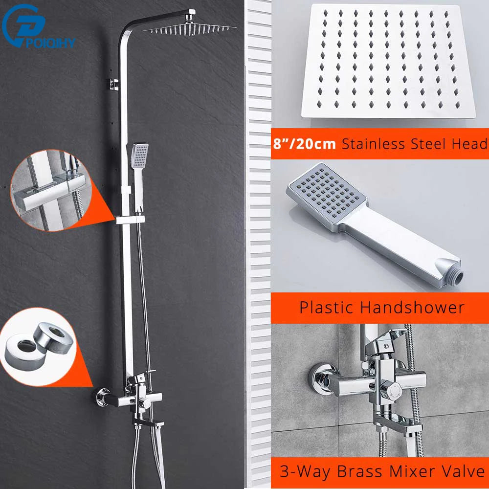 POIQIHY Black Bathroom Shower Faucet Set Wall Mount Black 8''Rainfall Shower Head With Handheld Sprayer Bathtub Shower Mixer
