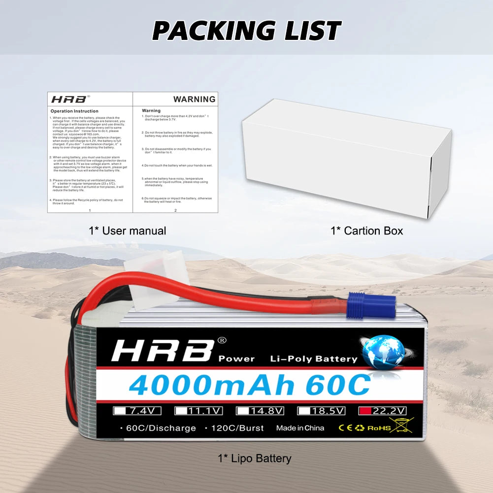 1/2pc HRB Lipo Battery 2S 3S 4S 6S 4000mah 1500mah 2200mah 5000mah 6000mah 7000mah 11.1V 14.8V 22.2V XT90 XT60 for RC Car Drone