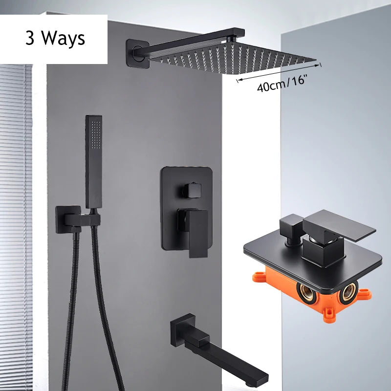 Matte Black Shower Faucet Set Rain Brass Shower Head Shower Faucet Embed Box Bathroom Hot Cold 2/3 Ways Tap Bathroom Faucet