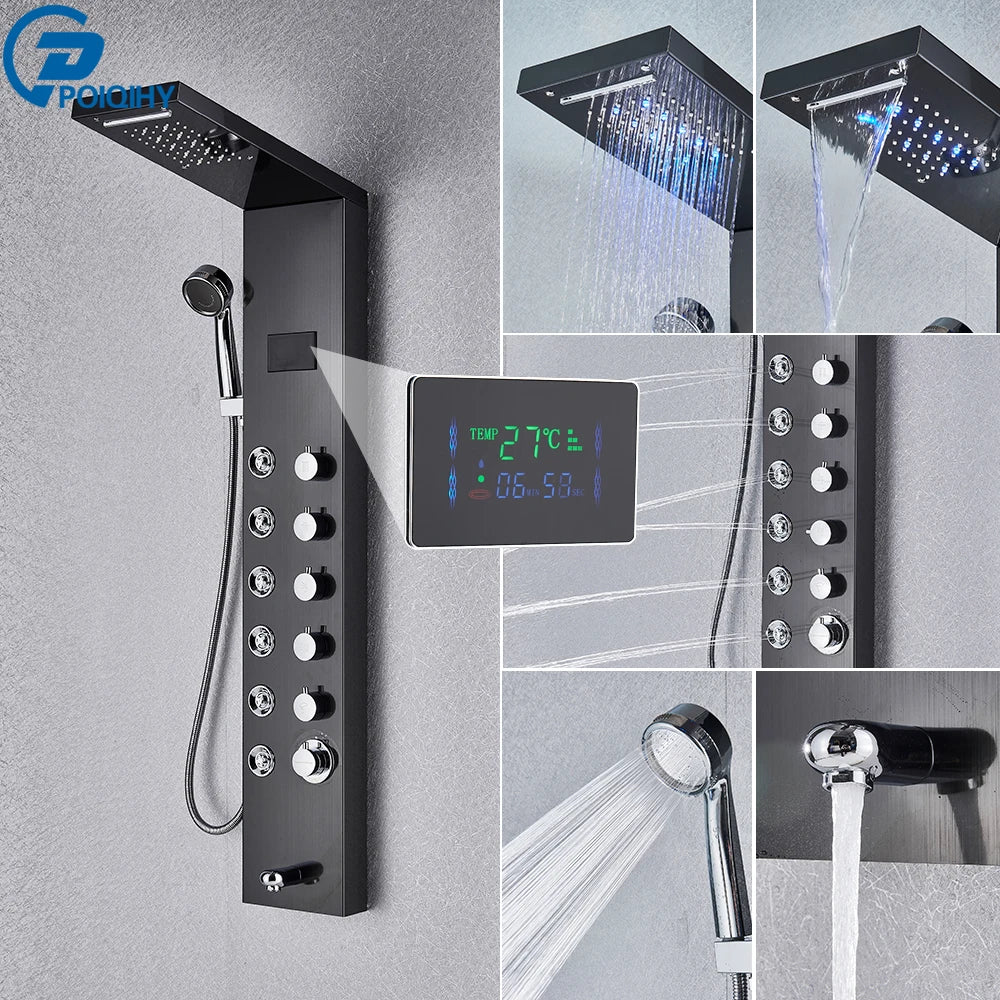 Black Bathroom Shower Panel Column Golden Rain Waterfall Shower Faucet Bidet Sprayer Tap SPA Massage Jet LED Bath Shower Set