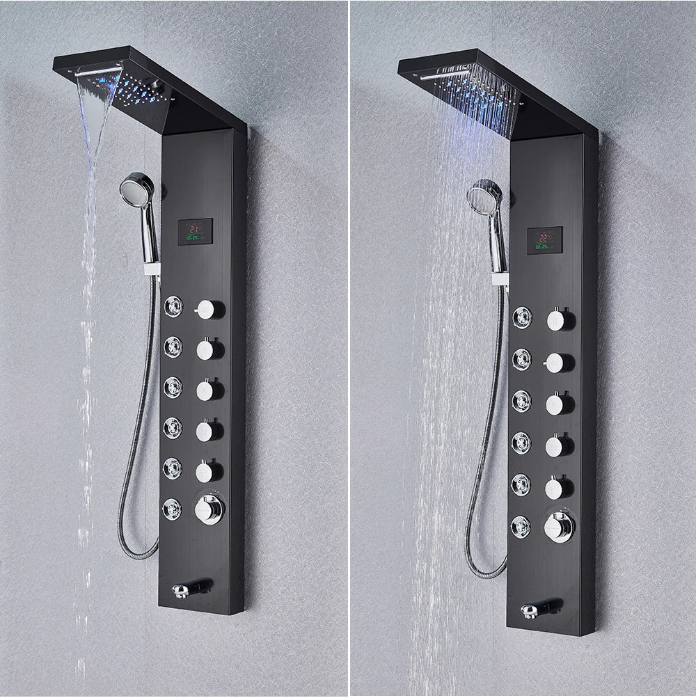 Black Bathroom Shower Panel Column Golden Rain Waterfall Shower Faucet Bidet Sprayer Tap SPA Massage Jet LED Bath Shower Set