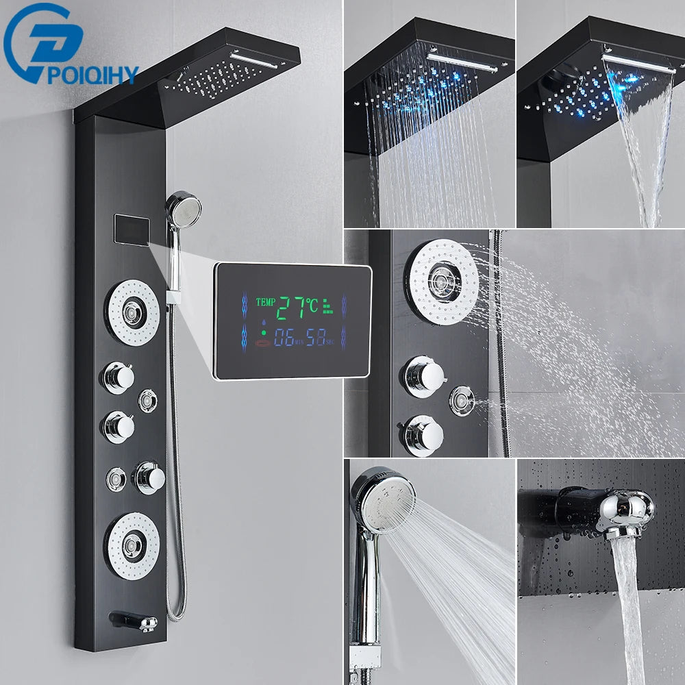 Black Bathroom Shower Panel Column Golden Rain Waterfall Shower Faucet Bidet Sprayer Tap SPA Massage Jet LED Bath Shower Set