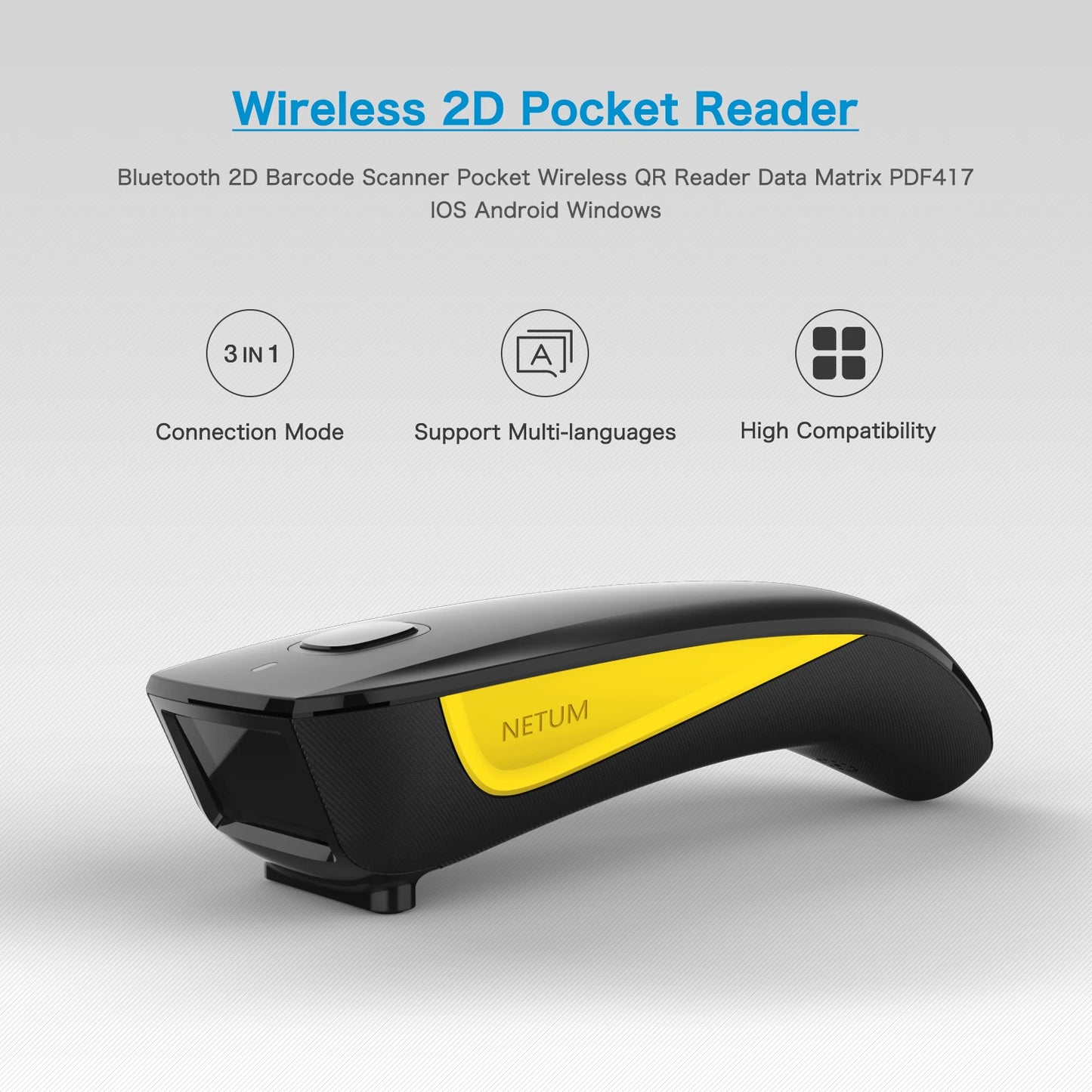 NETUM E800 Bluetooth 2D Barcode Scanner Pocket Wireless QR Reader Data Matrix PDF417 IOS Android Windows