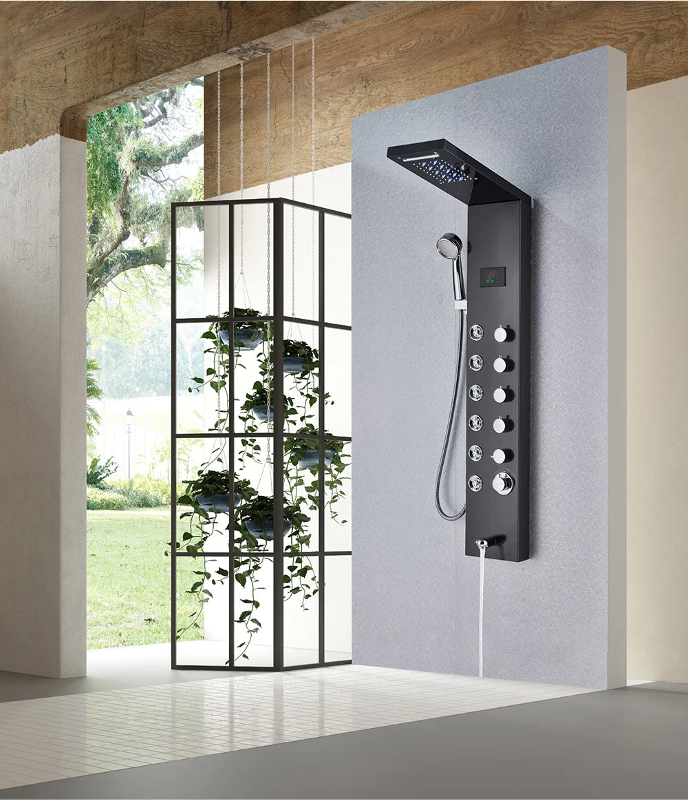 Black Bathroom Shower Panel Column Golden Rain Waterfall Shower Faucet Bidet Sprayer Tap SPA Massage Jet LED Bath Shower Set
