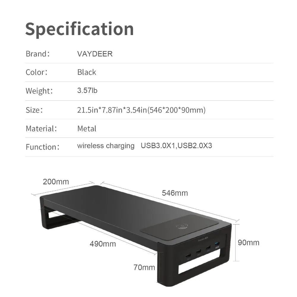 VAYDEER Monitor Stand Riser with USB3.0 Hub Support Data Transfer and Charging Steel Desk Organizer for Laptop Computer