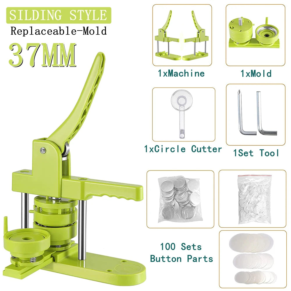 Badge Pin Button Maker Machine DIY 25/32/37/44/58MM Badges Set with 100Pcs Button Parts+Circle Cutter, Badge Press Maker Machine