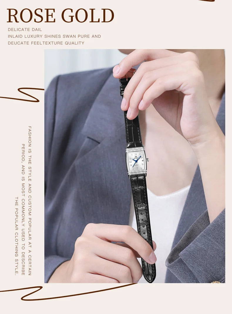 JSDUN Woman Watch Luxury Diamond Dial Comfortable Leather Watchband Fashion Square Rose Gold Quartz Wristwatches Montre Femme