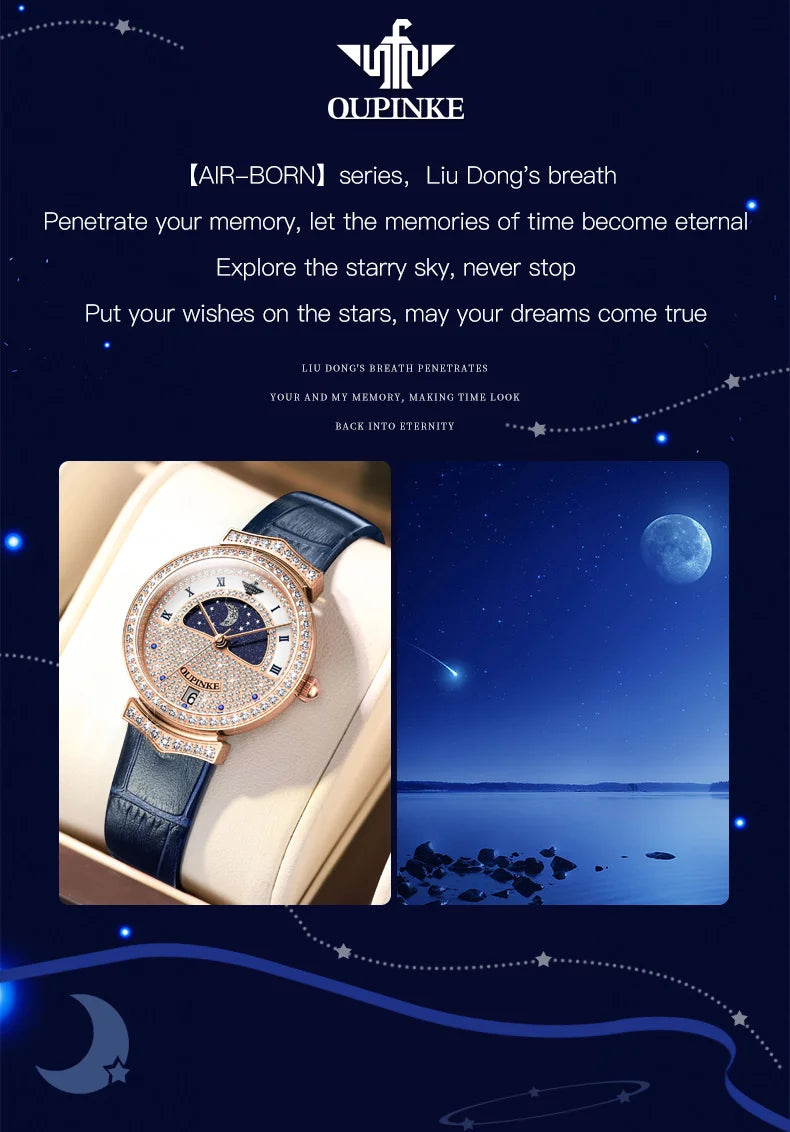 OUPINKE 3216 Woman Watch Waterproof Roman Scale Moon Phase Quartz Watch For Women Luxury Original Diamond Date Ladies Hand Clock