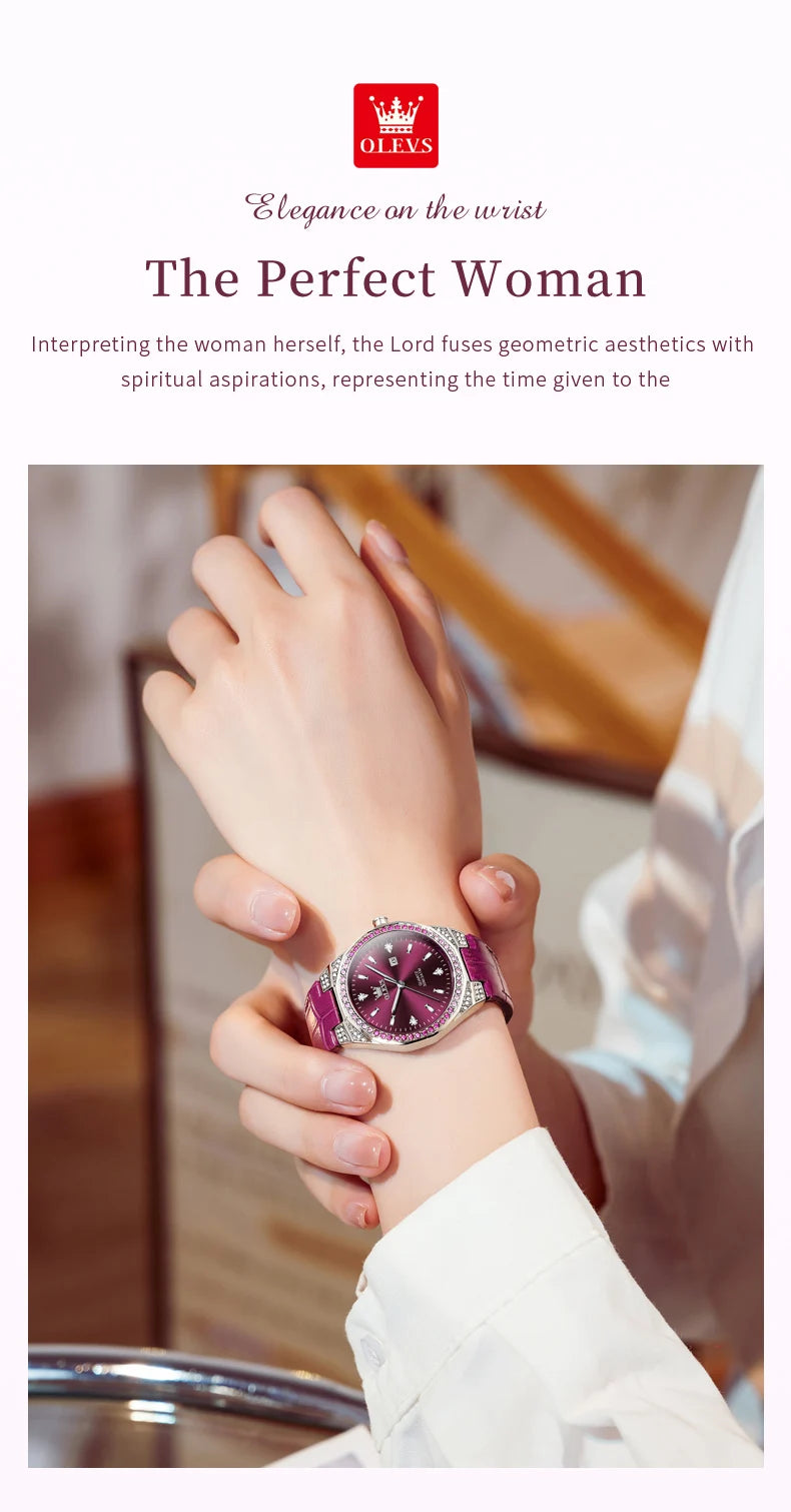 OLEVS Original Women's Watches Diamond Lap Fashion Leather Strap 3m Waterproof Luminous Ladies Wristwatch Quartz Watch for Women