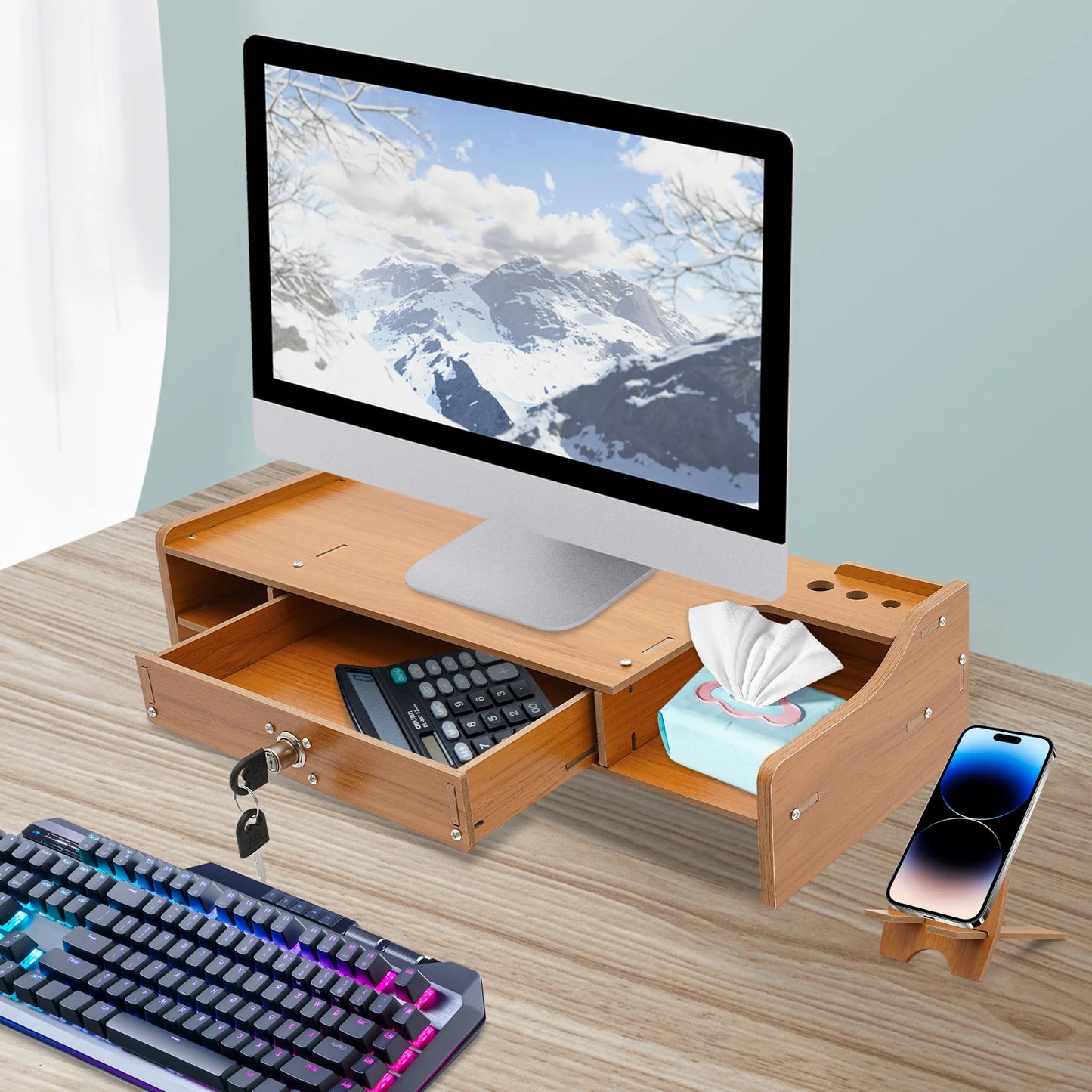 Wooden Desk Organizer W/ Drawer File Storage Desk Monitor Riser Computer Stand