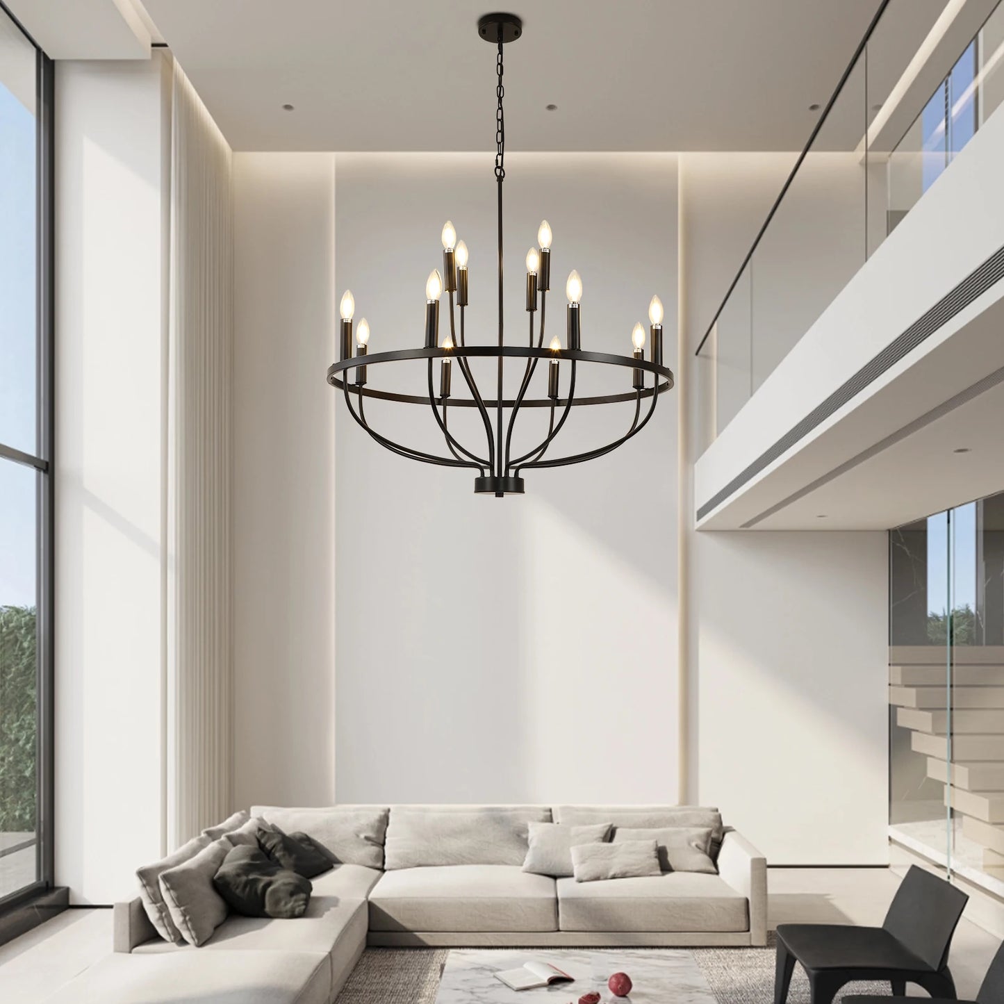 12-Light Black Chandelier Diam 33.46 Inch, Farmhouse Industrial Country Style Large Round Pendant Light Fixture for Dining Room
