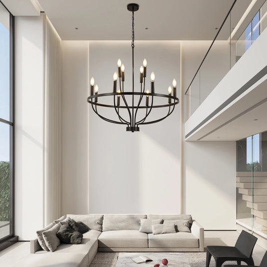 12-Light Black Chandelier Diam 33.46 Inch, Farmhouse Industrial Country Style Large Round Pendant Light Fixture for Dining Room