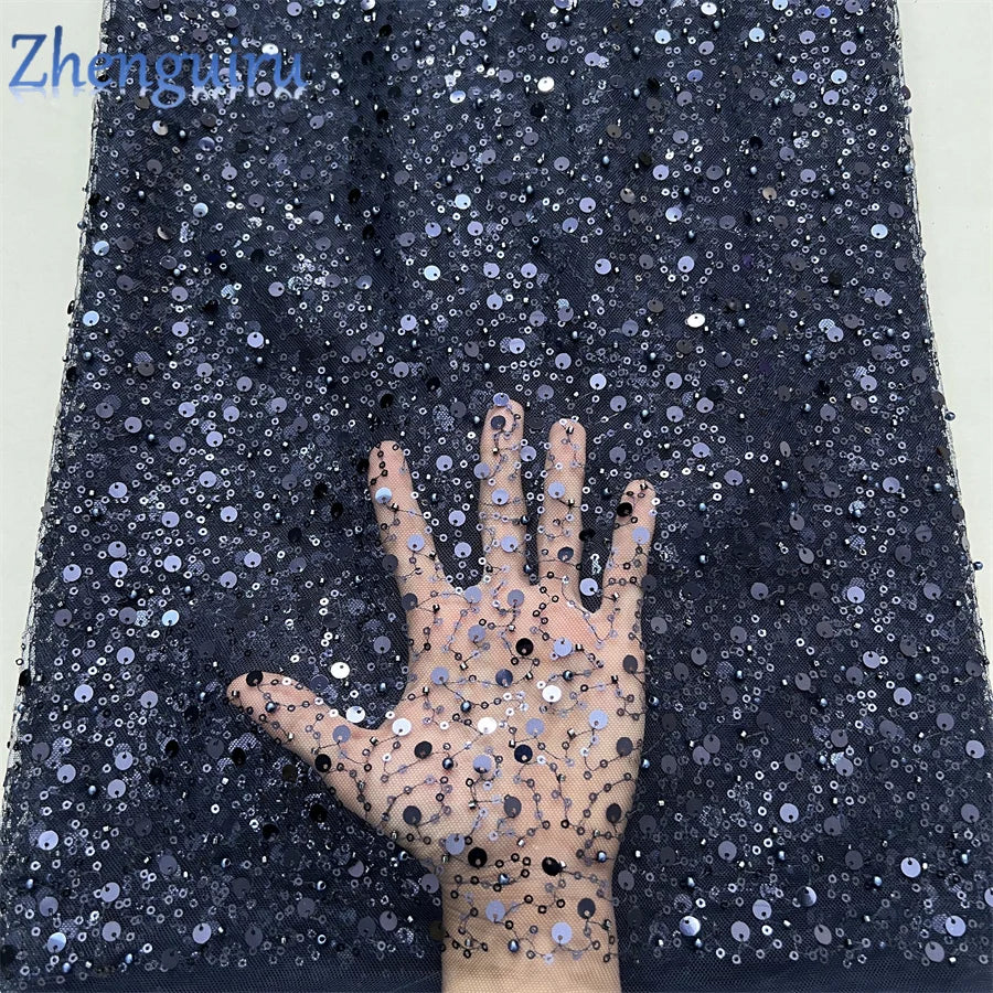 2025 French Tulle Lace Fabric African Heavy Silver Sequins Lace Fabric High Quality For Bridal Dress Luxury Evening Dress A3490