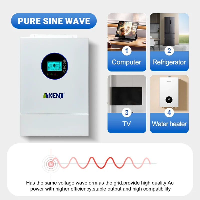 ANENJI Split Phase 12KW 48V Hybrid Solar Inverter 120V 220V Parallel Inverter Pure Sine On Grid MPPT 200A Solar Charger PV 500V