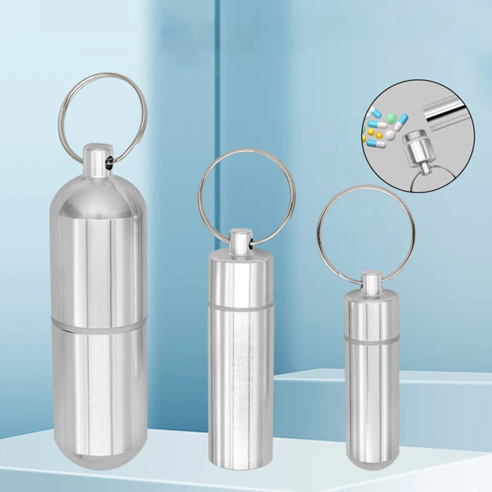 Keychain Pill Box Case Bottle Portable Waterproof Elderly First Aid Pill Case Aluminum Alloy for Outdoor Travel Camping